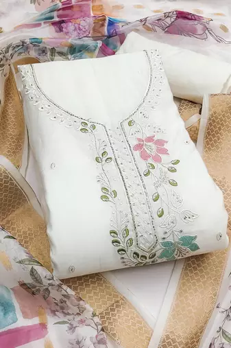 Women's white hand work cotton silk dress material