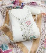 Women's white hand work cotton silk dress material