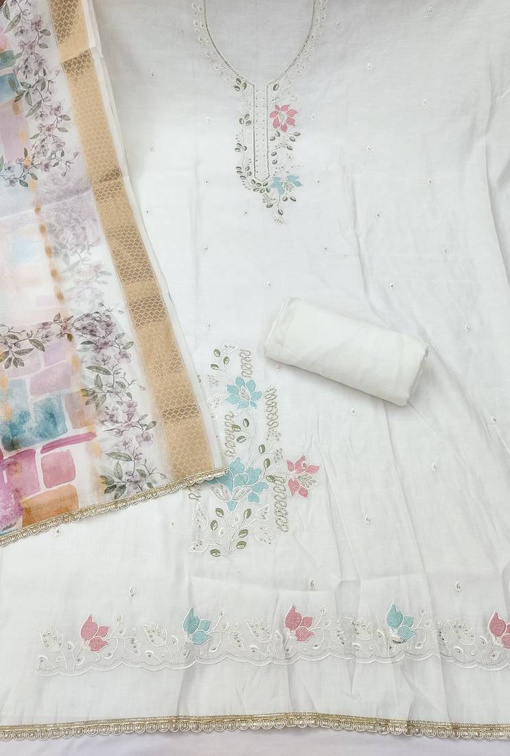 Women's white hand work cotton silk dress material