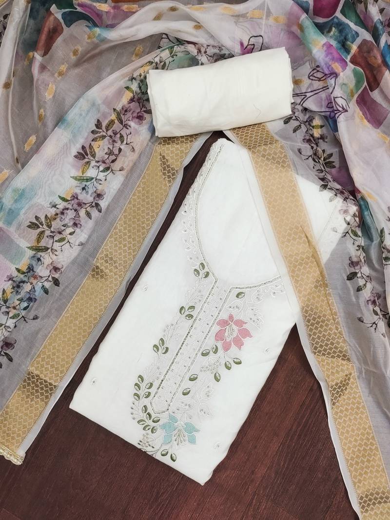 Women's white hand work cotton silk dress material