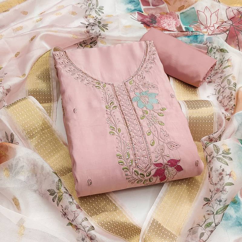 Women's baby pink hand work cotton silk dress material