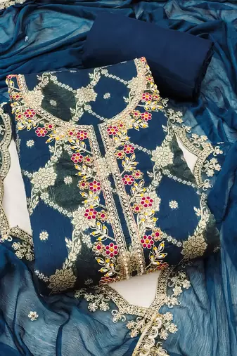 Women's blue woven cotton silk dress material