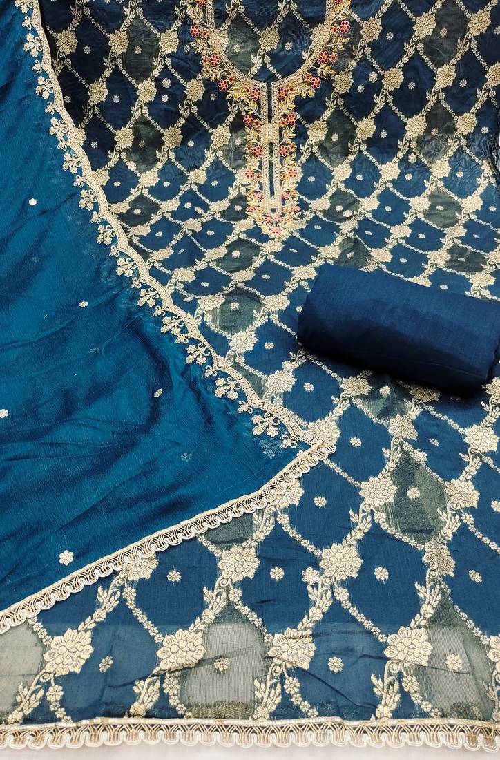 Women's blue woven cotton silk dress material