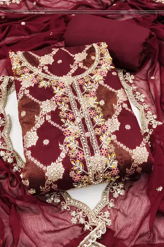 Women's maroon woven cotton silk dress material