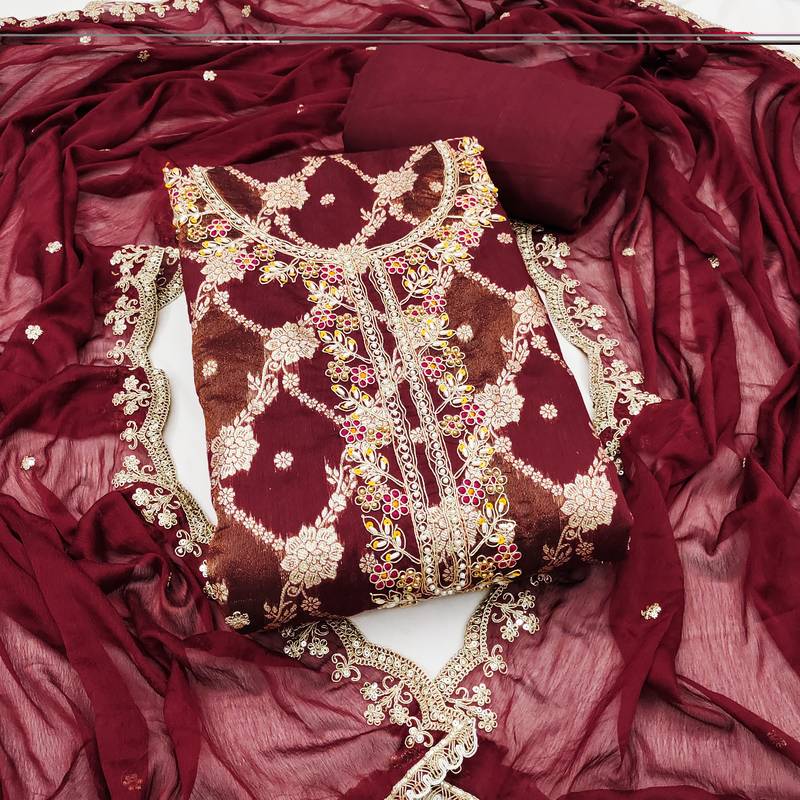 Women's maroon woven cotton silk dress material