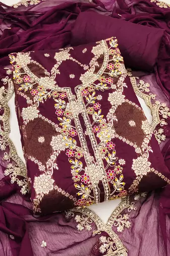 Women's purple woven emblishment silk dress material