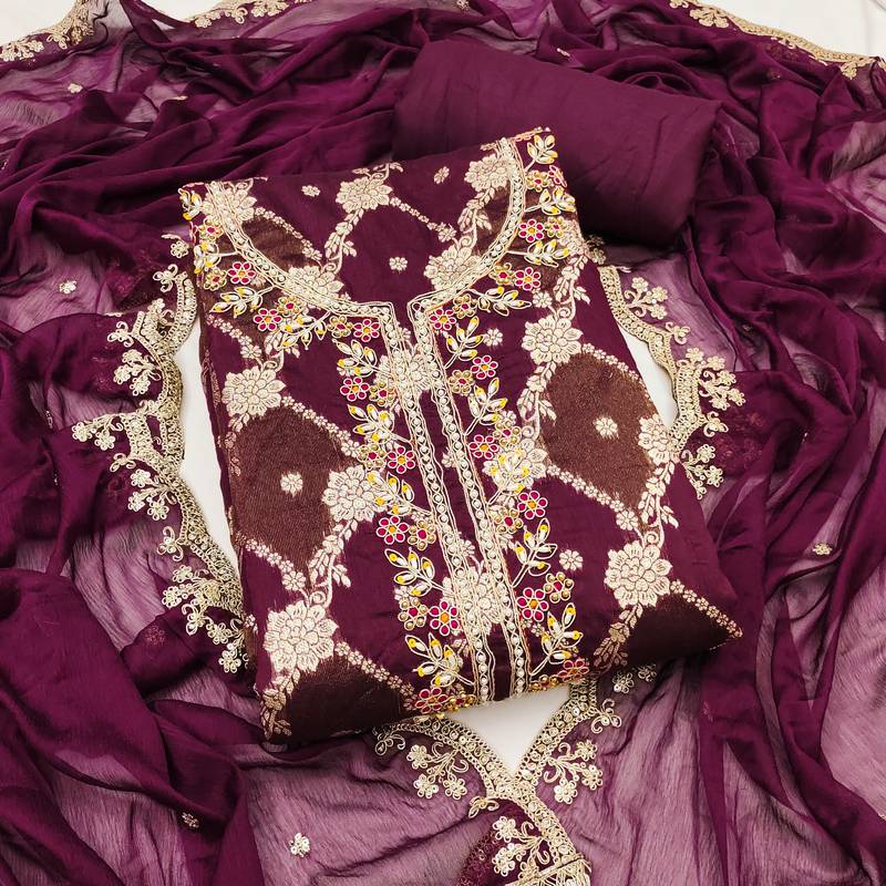 Women's purple woven emblishment silk dress material