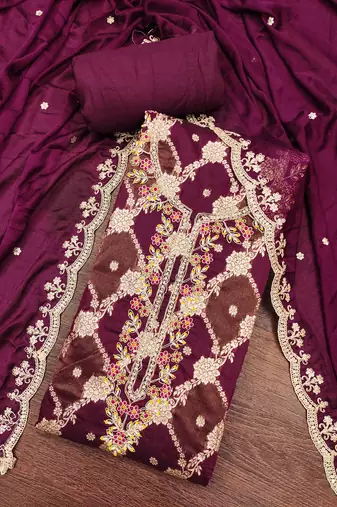  purple woven emblishment silk dress material