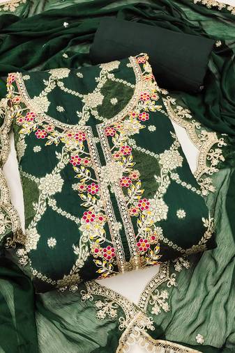 Women's green woven emblishment silk dress material