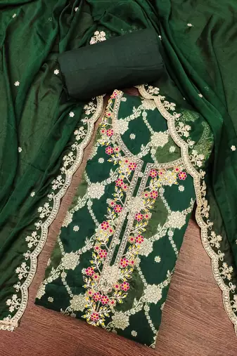  green woven emblishment silk dress material