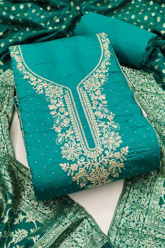 Women's sea green embroidery cotton dress material