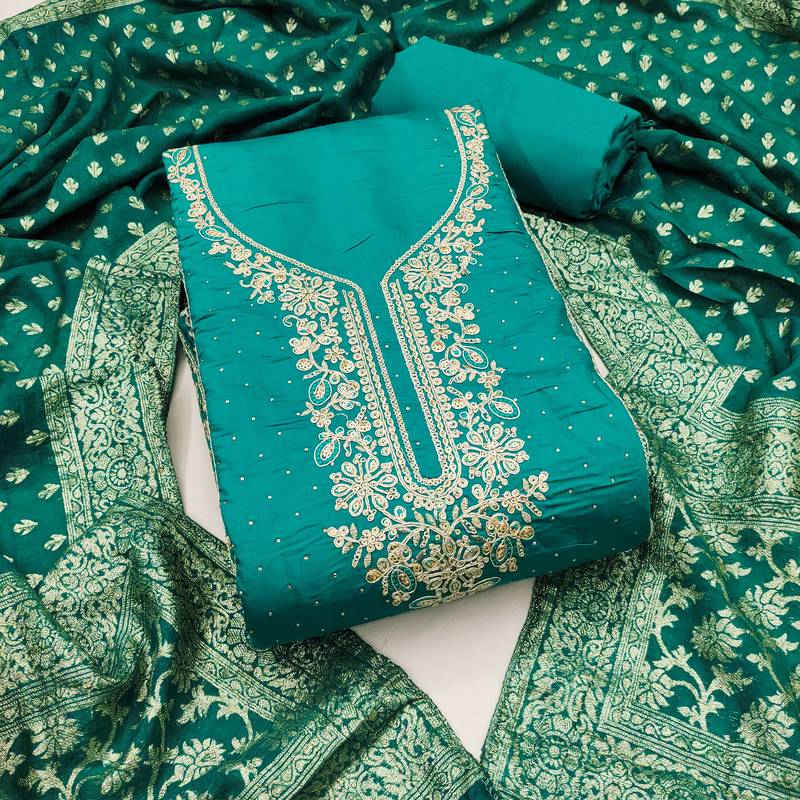 Women's sea green embroidery cotton dress material