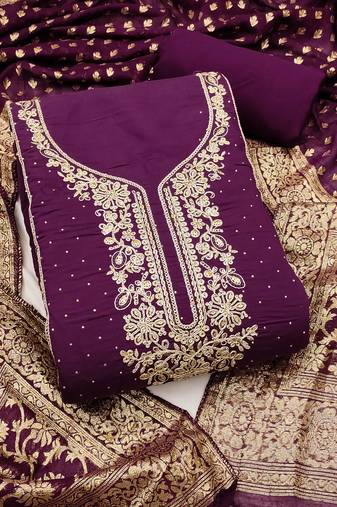 Women's purple embroidery cotton dress material