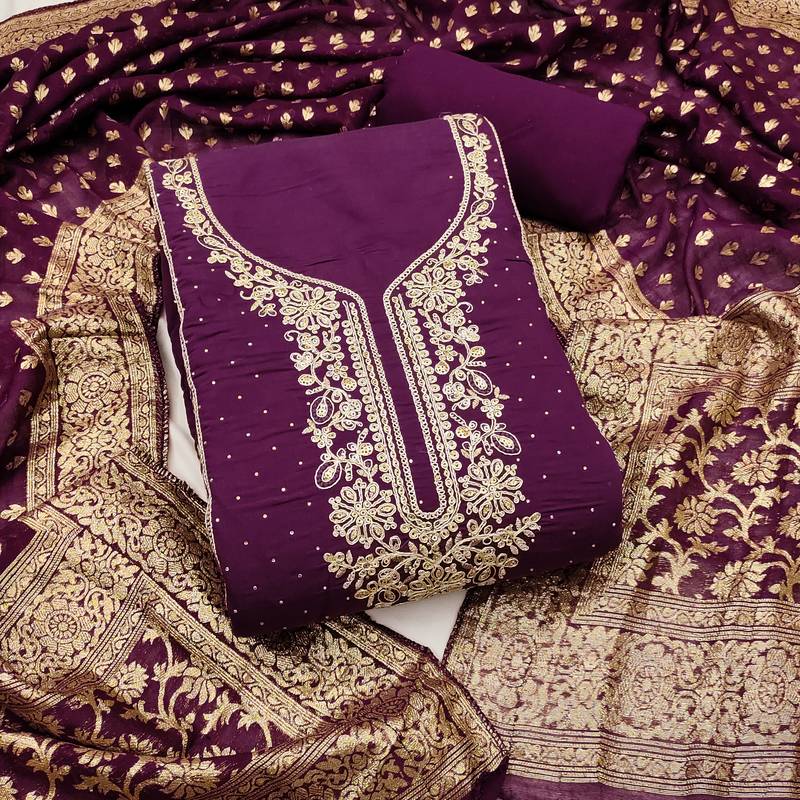 Women's purple embroidery cotton dress material
