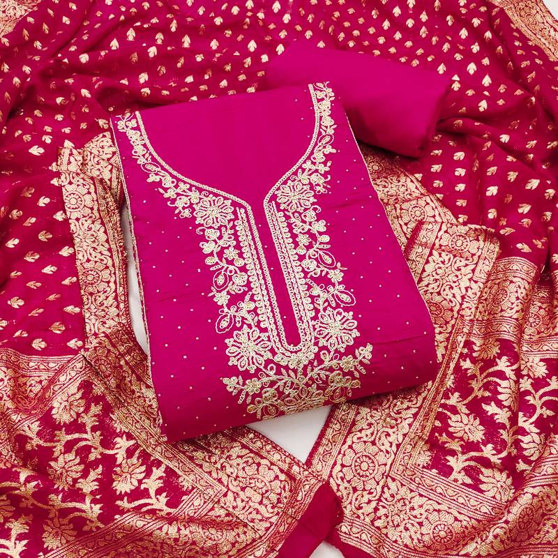 Women's pink embroidery cotton dress material