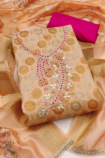 Women's beige woven handwork jacquard dress material