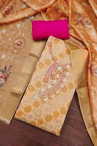  beige woven handwork jacquard dress material