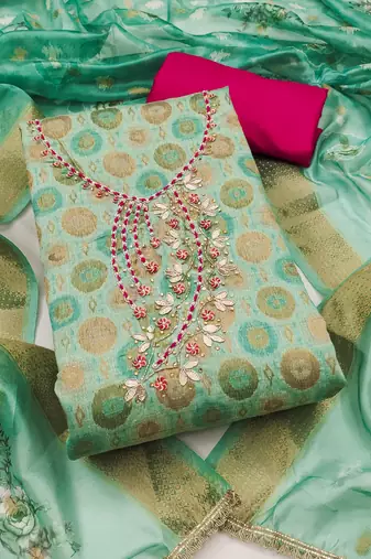 Women's sea green woven jacquard dress material