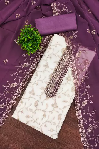 Women's white embroidery georgette dress material