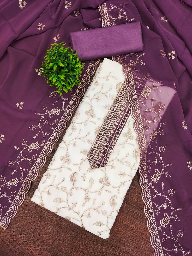 Women's white embroidery georgette dress material