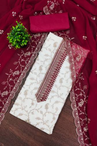 Women's white embroidery georgette dress material