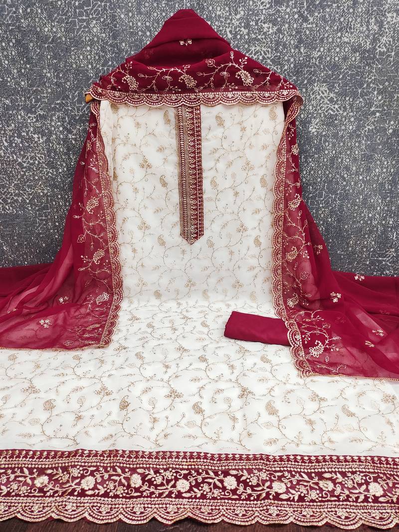 Women's white embroidery georgette dress material