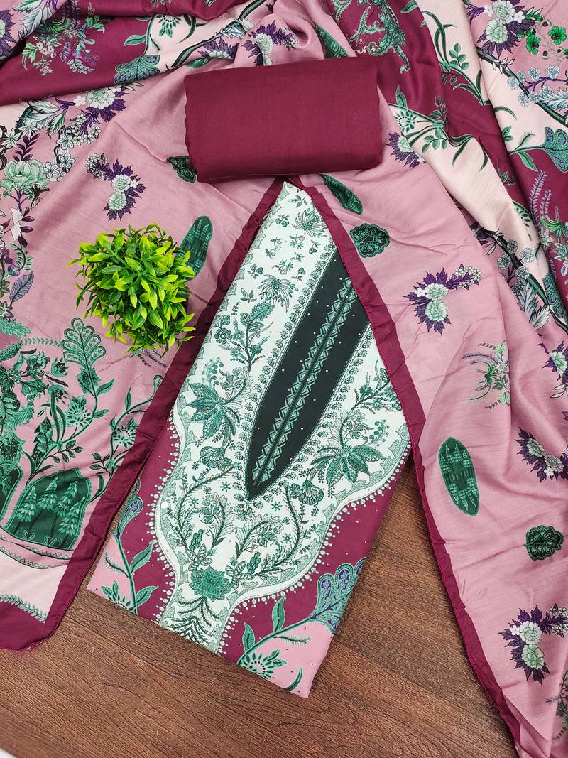 Women's pink designer print daimond muslin dress material