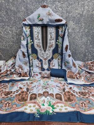  sky blue designer print muslin dress material 3
