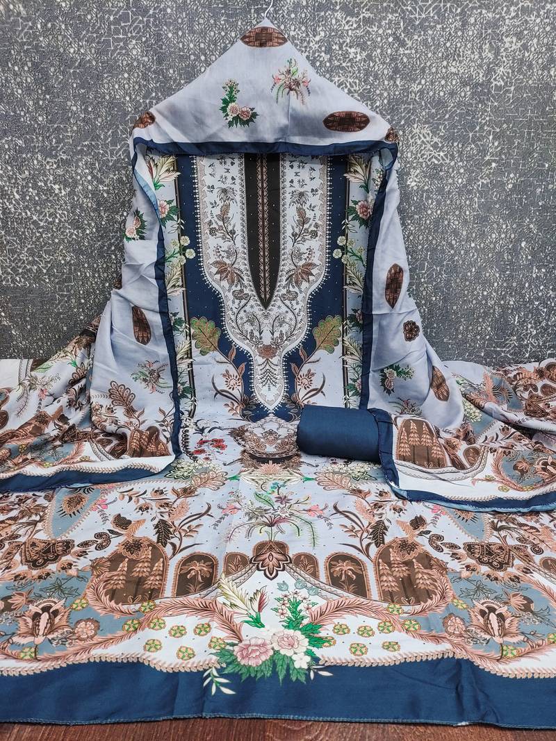 Women's sky blue designer print muslin dress material