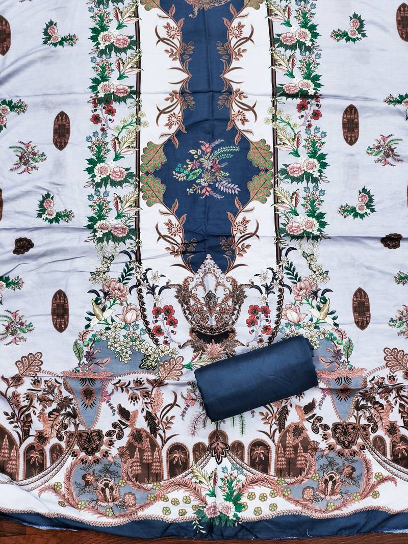 Women's sky blue designer print muslin dress material