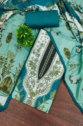 Women's sea green designer print muslin dress material