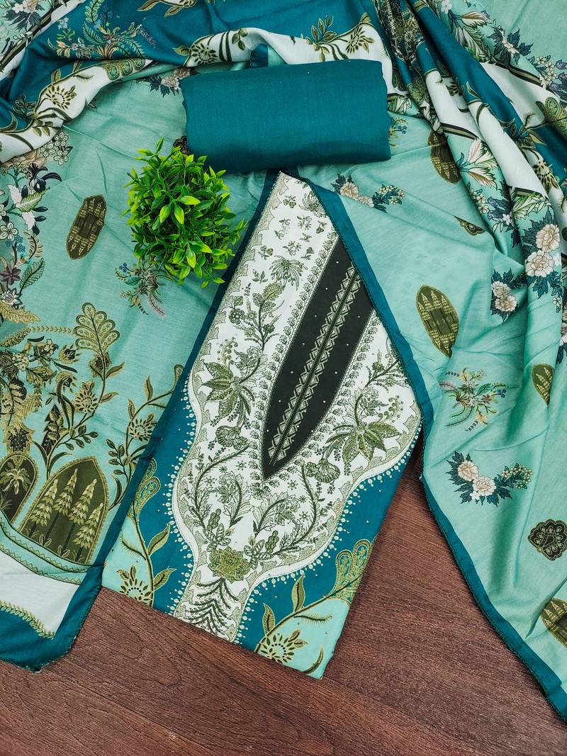 Women's sea green designer print muslin dress material
