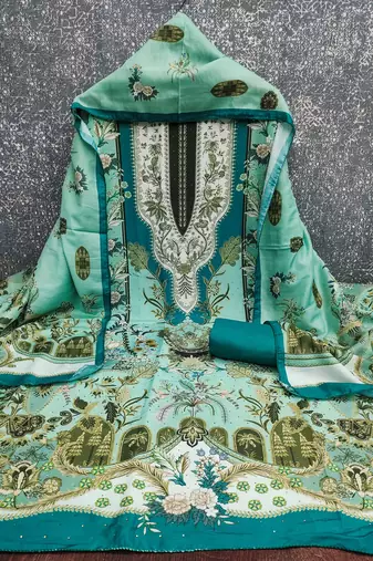  sea green designer print muslin dress material