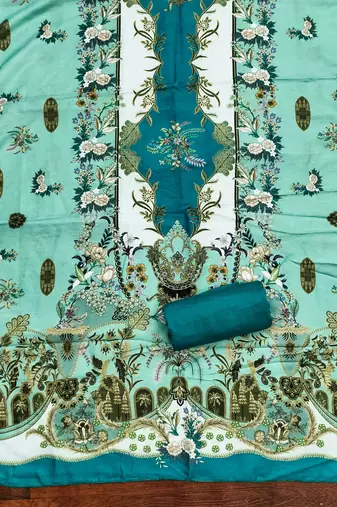  sea green designer print muslin dress material