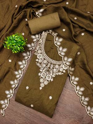  brown embroidery vichitra cotton dress material 1