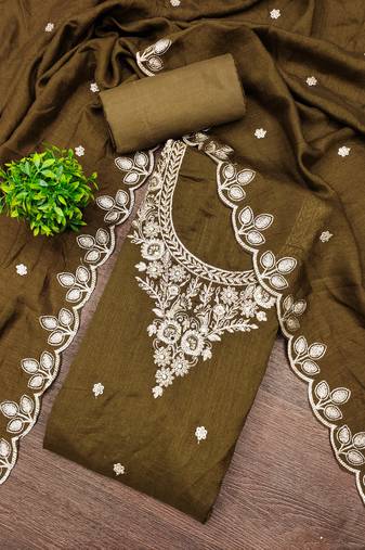Women's brown embroidery vichitra cotton dress material