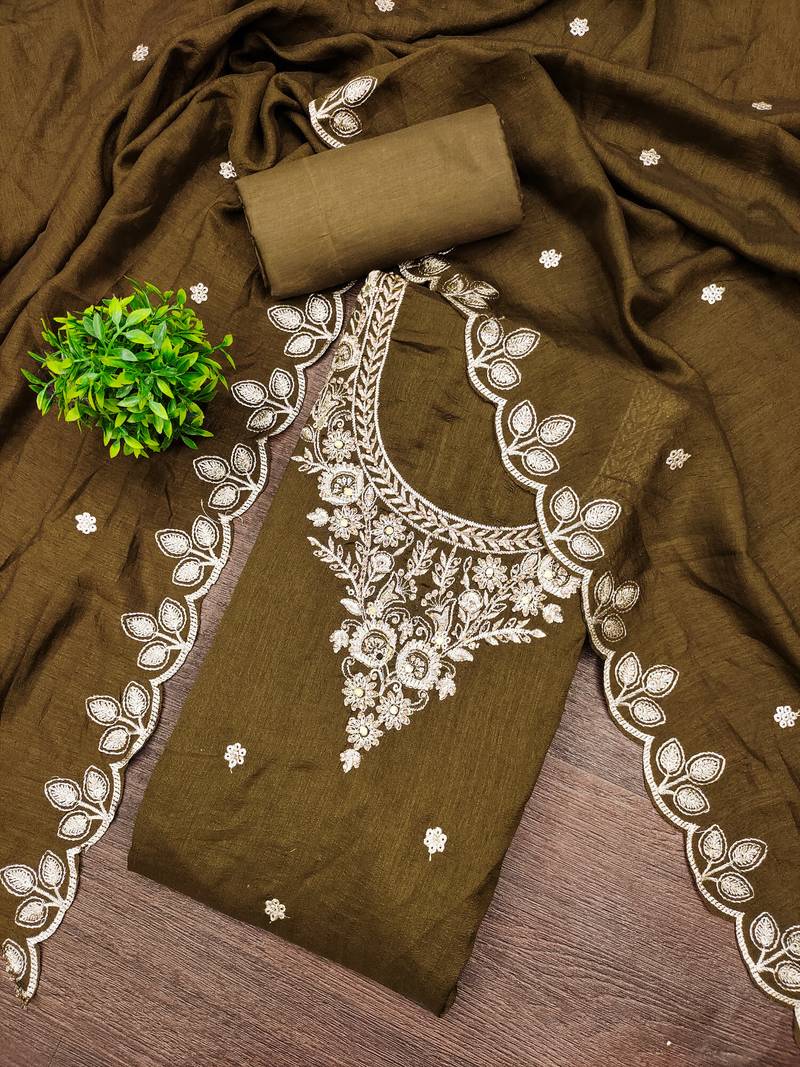 Women's brown embroidery vichitra cotton dress material