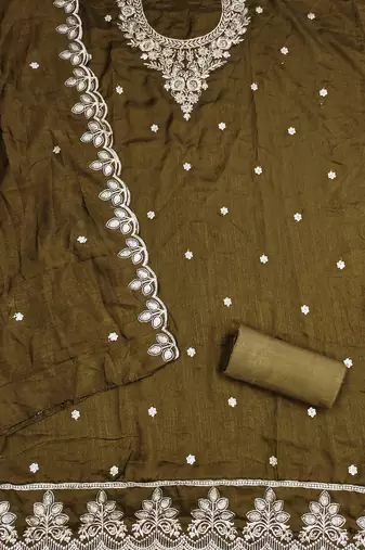  brown embroidery vichitra cotton dress material