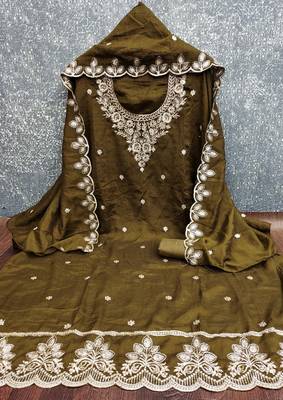  brown embroidery vichitra cotton dress material 3