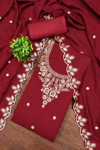 Women's maroon embroidery vichitra cotton dress material