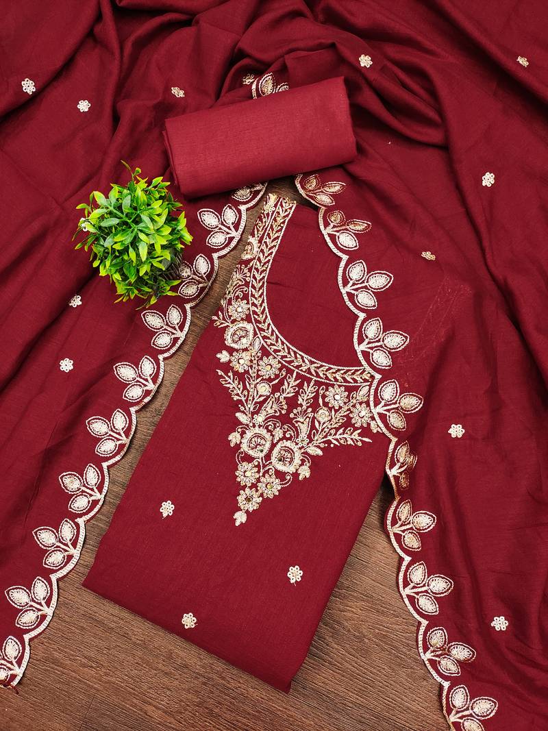 Women's maroon embroidery vichitra cotton dress material