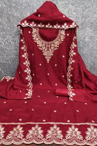  maroon embroidery vichitra cotton dress material
