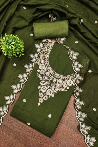 Women's olive green embroidery cotton dress material