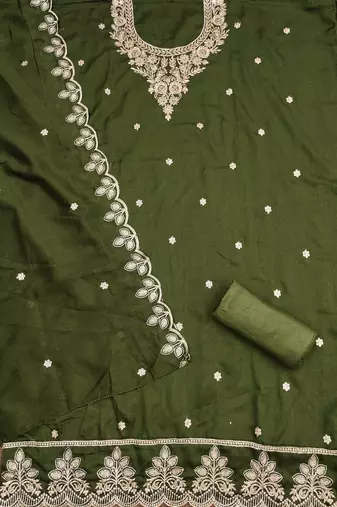 olive green embroidery cotton dress material
