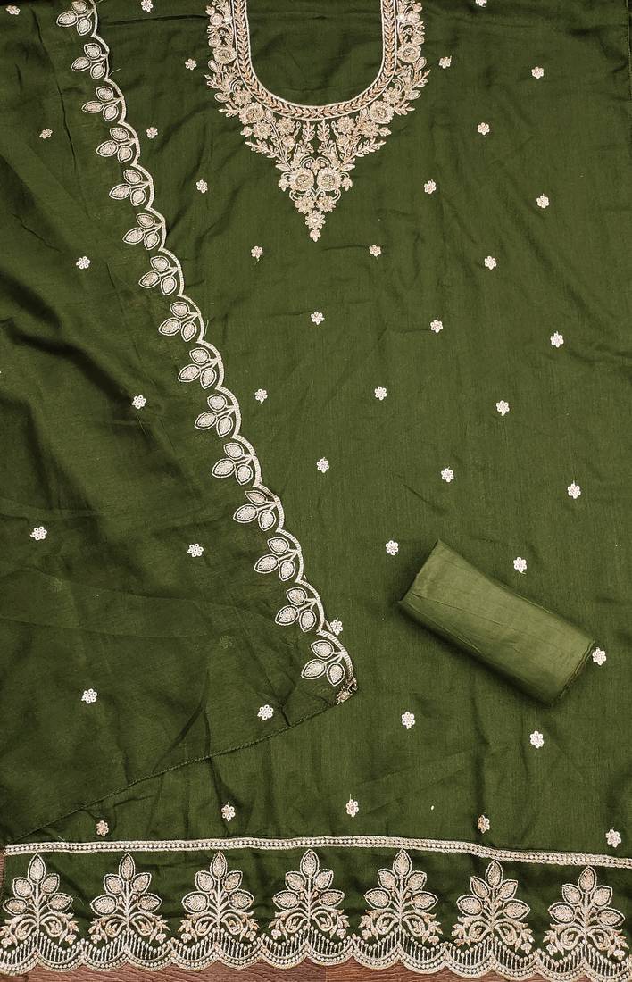 Women's olive green embroidery cotton dress material