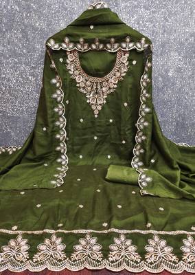  olive green embroidery cotton dress material 3
