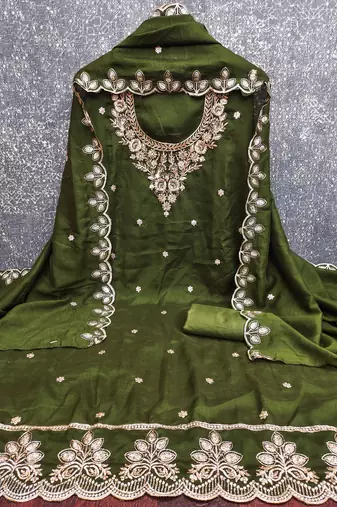  olive green embroidery cotton dress material