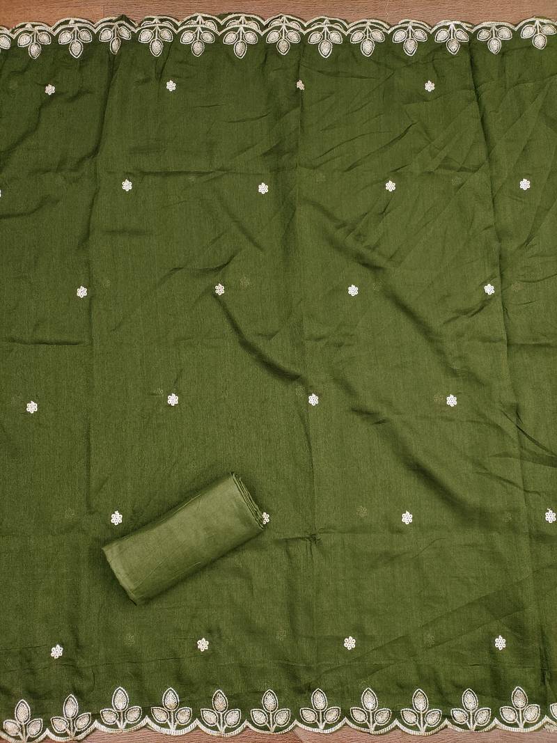 Women's olive green embroidery cotton dress material