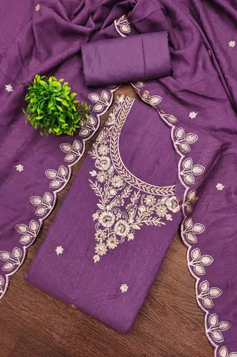 Women's purple embroidery vichitra cotton dress material