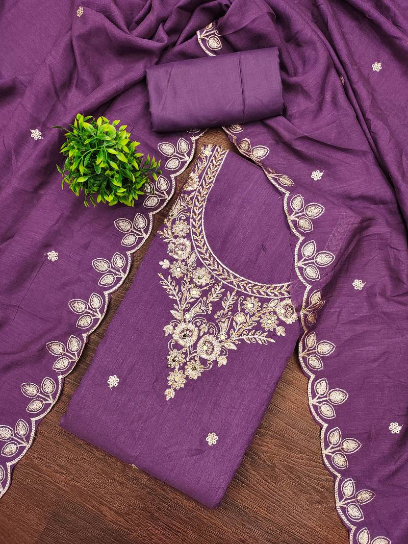 Women's purple embroidery vichitra cotton dress material